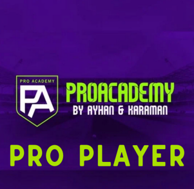 Logo von ProAcademy mit der Aufschrift "Pro Player" in lila und grün.